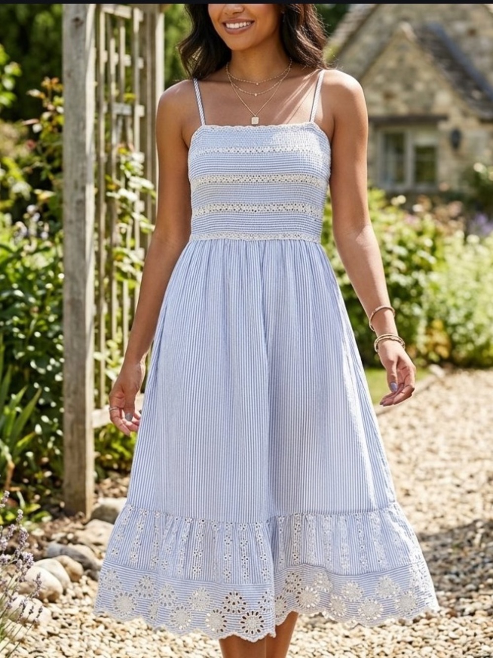 Japna Light Blue and White Striped Midi Dress